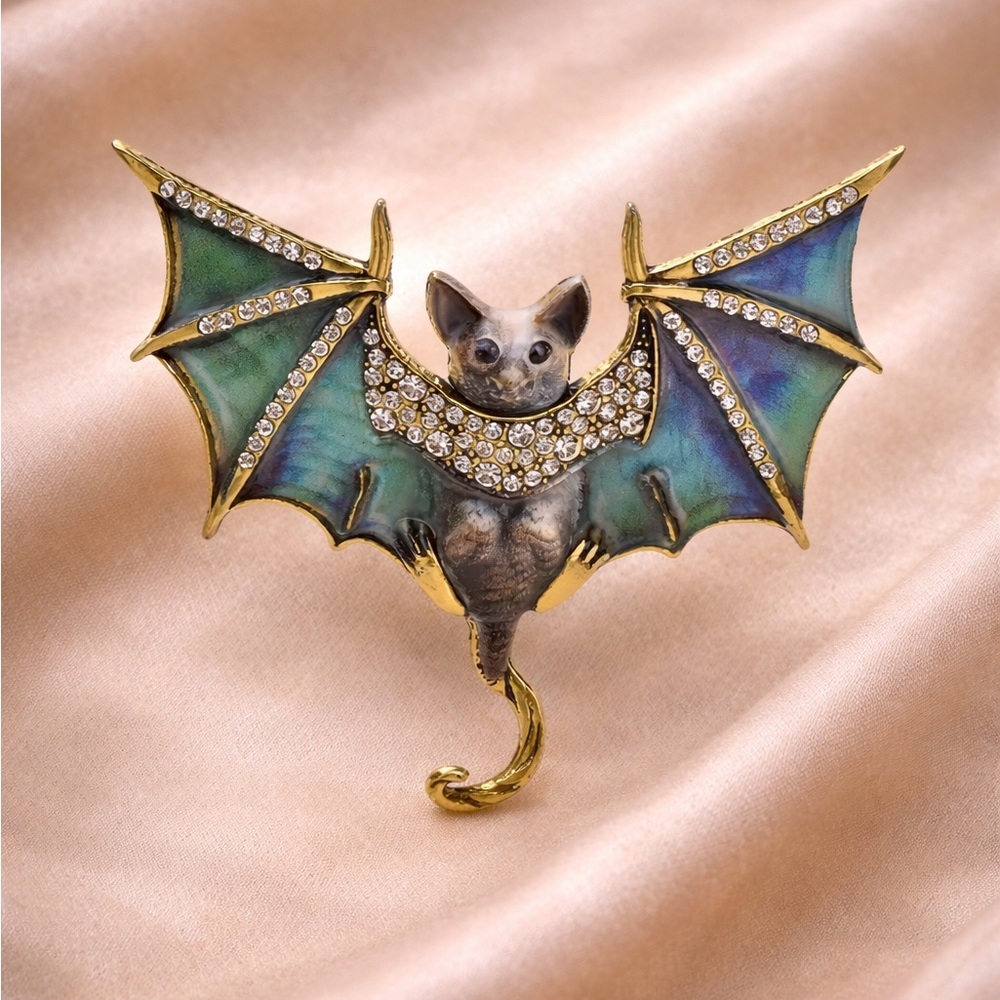 Gothic Bat Green Brooch Gold Accents